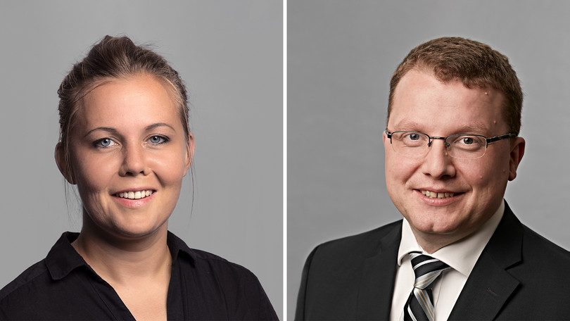 Portrait der Programmverantwortlichen des Erasmus Mundus Jelena Bäumler und des stellvertretende Programmverantwortlichen Jörg Philipp Terhechte.