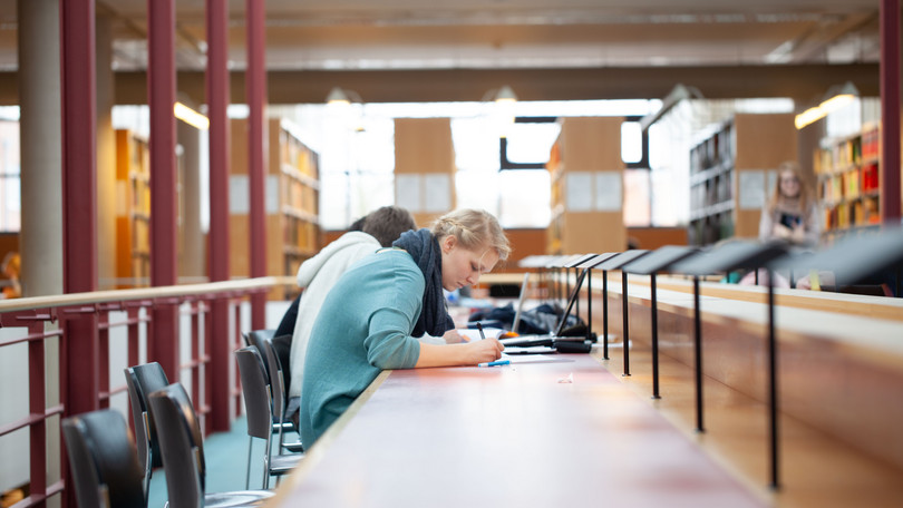 Studentin arbeitet in der Bibliothek